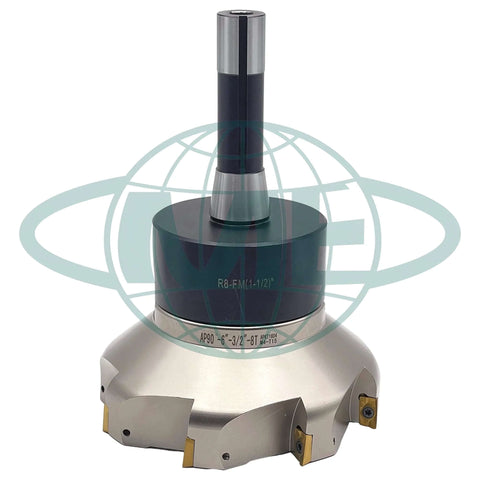 Six Inch 90 Degree Indexable Face Mill With R8 Arbor And Eight APKT1604 Inserts Included For Steel Cutting, 8 Flutes, 1.5 Inch Mounting Bore, Beefy Carbide Cutter CME