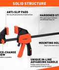Image of Six Inch Mini Bar Clamps 2 Pack for Woodworking showing features like quick-change screw, anti-slip pads, hardened steel.