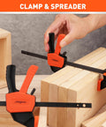 Hands using Six Inch Mini Bar Clamps 2 Pack For Woodworking And Home Projects, Quick Release F Clamp With 75 Lbs Clamping Power on wood blocks