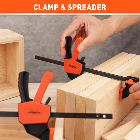 Hands using Six Inch Mini Bar Clamps 2 Pack For Woodworking And Home Projects, Quick Release F Clamp With 75 Lbs Clamping Power on wood blocks