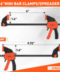 Six Inch Mini Bar Clamps 2 Pack with Quick Release F Clamp, 75 Lbs Clamping Power, durable metal ratchet, easy adjustment.