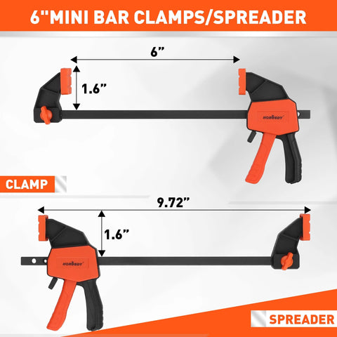 Six Inch Mini Bar Clamps 2 Pack with Quick Release F Clamp, 75 Lbs Clamping Power, durable metal ratchet, easy adjustment.