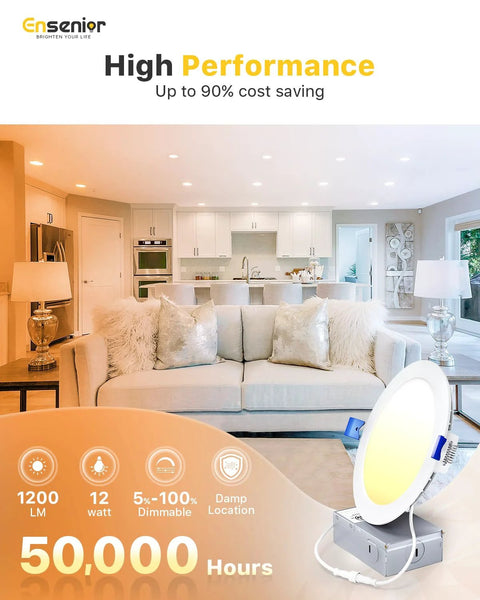 Living room with Six Pack 6-Inch LED Recessed Light Dimmable 2700K-5000K 5CCT 1200 Lm 12W 120V installed in ceiling.