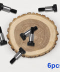 6pcs alloy steel shoulder bolts with 1/4 in shoulder dia, 1/2 in shoulder length, 10-24 UNC thread near wood slice