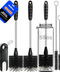 Six Pack Bottle Brush Set with 14 in stainless steel handles, 3 straw brushes, and 3 in 1 cleaner shown with a 55oz bottle and packaging