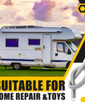 Six Pack 11.8 Inch Extension Springs With Dual Hook Ends, 0.31 Inch Wire Diameter And 0.39 Inch Coil, Heavy Duty Tension Springs For Machinery Repair, Industrial Doors, Screen Springs And More next to a motorhome on a grassy field with mountains in the background.