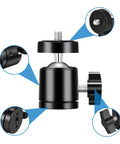 Detailed view of Six Pack Mini Universal Ball Heads with 1/4 inch thread, showcasing rotation and tilt features for cameras and mounts.