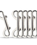 Six Pack 2.7 Inch Double Ended Bolt Snap Hooks Zinc Alloy Chain Clips for dog leashes, key chains, horse tack, and garage use.