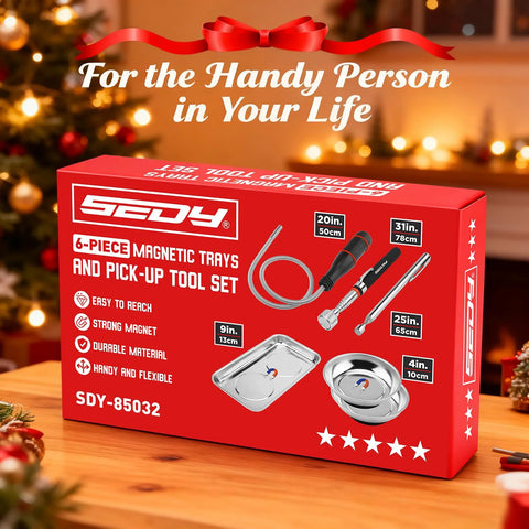 Six piece telescoping magnetic pickup tools set box with images of tools and description, for DIY repairs and metal retrieval