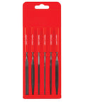 Six-Piece precision needle file set for small filings across jewelry making, model building, electronics, and light metalworking in red packaging.