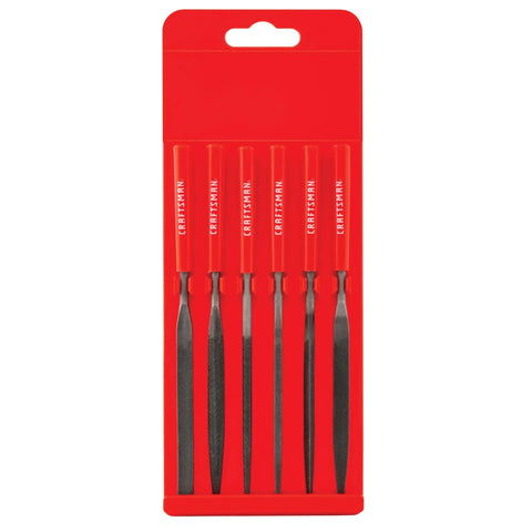 Six-Piece precision needle file set for small filings across jewelry making, model building, electronics, and light metalworking in red packaging.
