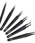 Six Piece Precision Tweezers Set With Anti Static Stainless Steel Construction For Electronics PCB Repair Jewelry Making Lab Work Cosmetics And Crafting Includes Curved Fine Point Straight And Specialty ESD Tweezers displayed on white background