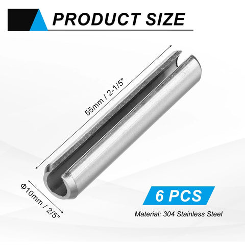 Six-Piece Slotted Split Roll Pins Set For Secure Fastening In Machinery And Automotive Projects, 10 Mm Diameter And 55 Mm Length, Steel Spring Tension Dowels With Silver Finish, Durable, DIY Friendly For Cars, Trucks, Boats, Equipment And Fixtures