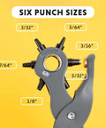 Six Size Leather Hole Punch Tool 8.5 Inch Heavy Duty Revolving Punch Pliers showing six different punch sizes on a yellow background