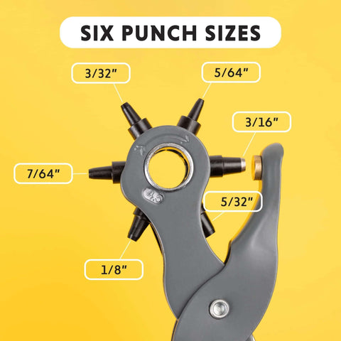 Six Size Leather Hole Punch Tool 8.5 Inch Heavy Duty Revolving Punch Pliers showing six different punch sizes on a yellow background