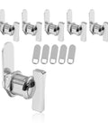 Six thumb operated cam lock sets for cabinets with a 7/8 inch body, easy to install with two mounting plates visible, displayed