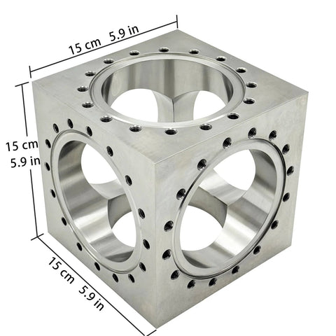Pro Grade Six Way Vacuum Chamber Flange Cube Flange in 304 Stainless Steel with Sixteen M8 Bolt Holes and Six Channel Pipeline Connector