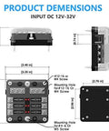 Diagram showing dimensions of Six Way 12V Fuse Box With LED Indicator Waterproof ATO ATC Fuse Block for marine and auto use.