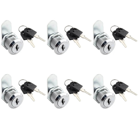 Six durable zinc alloy cam locks with 3/4 inch threads and keys provide secure, corrosion-resistant cabinet and drawer protection.