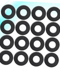 Sixteen Black PVC Washers For Foosball Tables Rod Washers For Standard Foosball Machines laid out in a grid