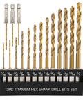 Sixteen Piece Titanium Coated HSS Drill Bit Set With Hex Shank For Wood Plastic Aluminum Sixteenth To Quarter Inch arranged upright