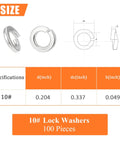 100 Pack Size 10 Stainless Steel Split Lock Washers For Screws And Bolts with dimensions chart and illustration