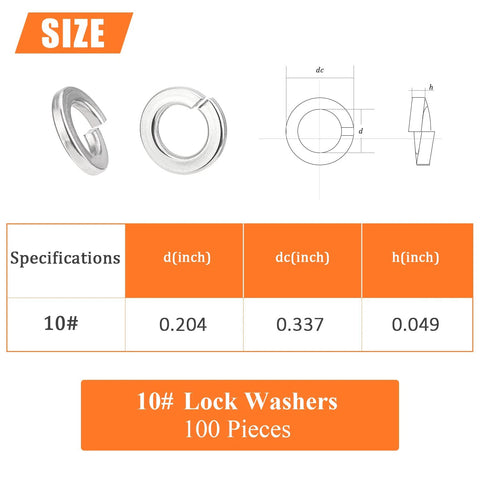 100 Pack Size 10 Stainless Steel Split Lock Washers For Screws And Bolts with dimensions chart and illustration