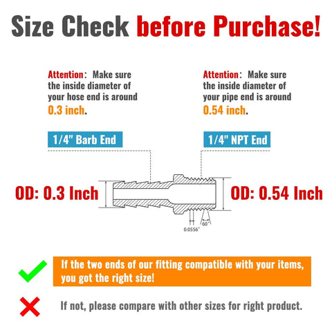 Diagram showing size check before purchase of 12 Pack One Quarter Inch Air Hose Fittings Brass Hose Barb Fittings One Quarter Inch NPT Male Pipe To One Quarter Inch Barb End Adapter