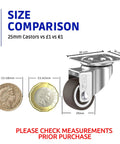Size comparison showing a 1 inch small caster wheel with two brakes and screws beside UK £1 and €1 coins.