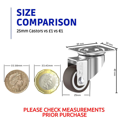 Size comparison showing a 1 inch small caster wheel with two brakes and screws beside UK £1 and €1 coins.