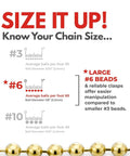 Diagram illustrating different bead chain sizes with highlighted information about Size #6, featuring solid brass beads.