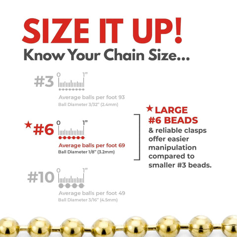 Diagram illustrating different bead chain sizes with highlighted information about Size #6, featuring solid brass beads.