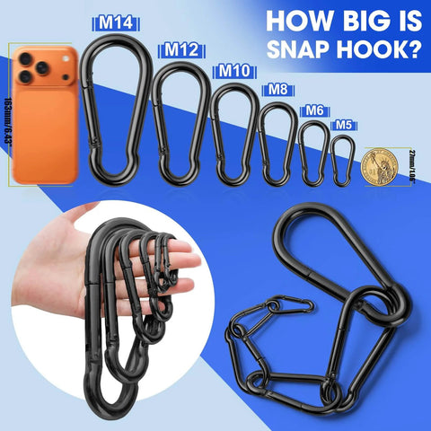 Various sizes of spring snap hooks, shown next to a smartphone and coin, demonstrate versatility in the 60 Pack 2.36 Inch Spring Snap Hooks Carabiners Heavy Duty Zinc Plated Steel Clips Quick Links For Dog Leash Backpack Hiking Fishing Bag Outdoor Travel Bulk Gear Connectors Ideal For Key Chains Kayak Cargo Indoor Outdoor Use.