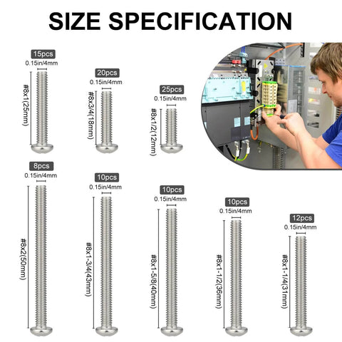110 Pcs #8-32 Machine Screws Assortment Kit with Phillips Pan Head 304 Stainless Steel Screws in Lengths from 1/2 to 2 Inches for Electrical Wall Sockets Outlets and Household Repairs size specifications.