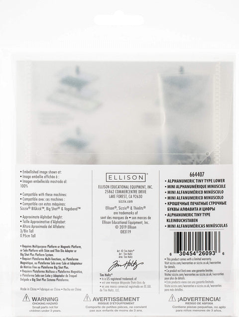 Back view of Tiny Type Lower Alphanumeric Die Set 146 Pack For Cardmaking And Scrapbooking With Sizzix Thinlits By Tim Holtz packaging