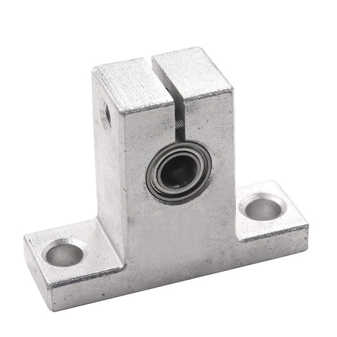 Front view of SK10 linear rail shaft clamping guide support for CNC with 5mm bore bearing, fits 10mm shaft, easy install and precise alignment.
