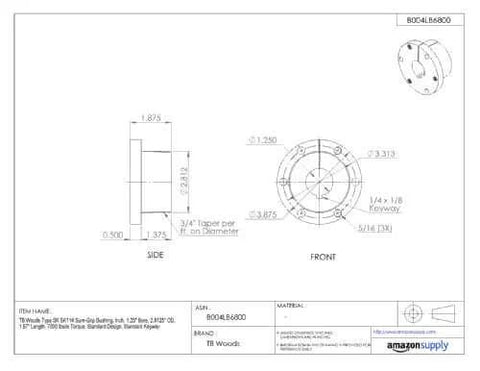 Technical drawing of Sure Grip Bushing Type SK114 for shaft mounting on pulleys, side and front views with dimensions.