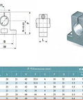 Technical diagram of Pack Of 4 SK20 Aluminum Linear Motion Rail Clamping Guides For 20mm Shafts with dimensions and specifications.