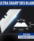 SK5 Steel Utility Knife Blades 100 Pack With Dispenser For Standard And Fixed Knives, showing measurements and sharp edges