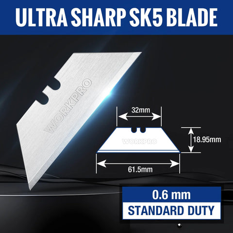 SK5 Steel Utility Knife Blades 100 Pack With Dispenser For Standard And Fixed Knives, showing measurements and sharp edges