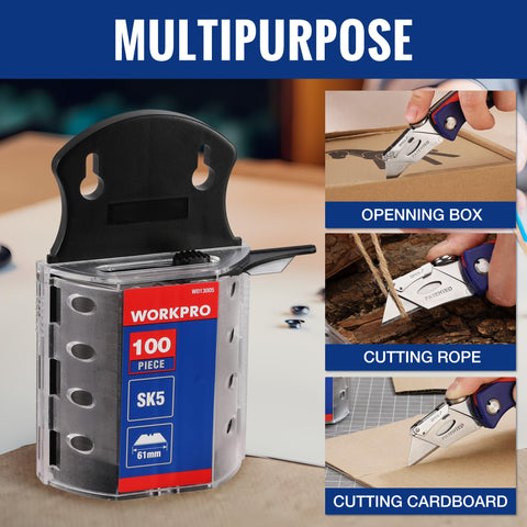 SK5 Steel Utility Knife Blades 100 Pack with Dispenser, shown cutting box, rope, and cardboard, suitable for DIY projects.