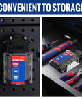 Conveniently stored SK5 Steel Utility Knife Blades 100 Pack With Dispenser, shown in a tool drawer and wall mount, for crafting and DIY.