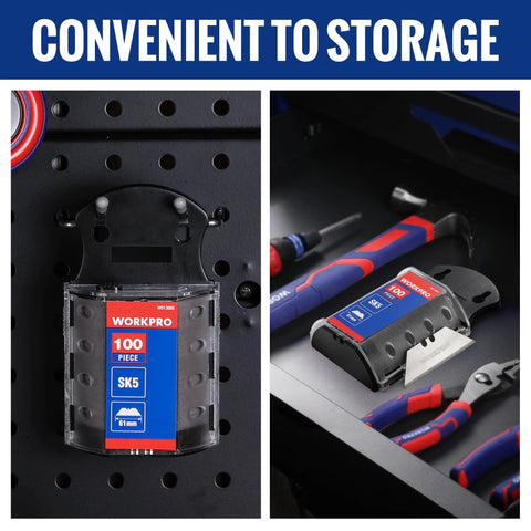 Conveniently stored SK5 Steel Utility Knife Blades 100 Pack With Dispenser, shown in a tool drawer and wall mount, for crafting and DIY.