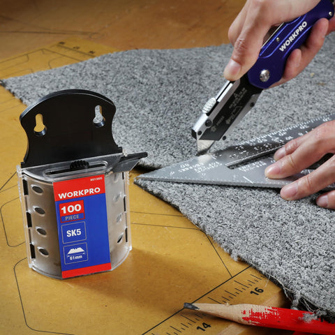 SK5 Steel Utility Knife Blades 100 Pack With Dispenser used on carpet with a utility knife and metal ruler.