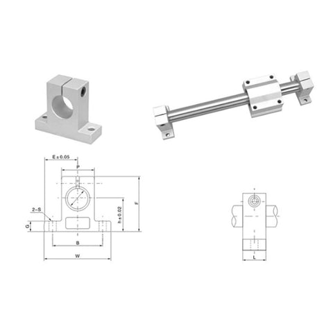 Diagram of Four Pack SK6 Aluminum Linear Rail Clamping Supports for 6mm Shafts with technical specifications and installation illustration.