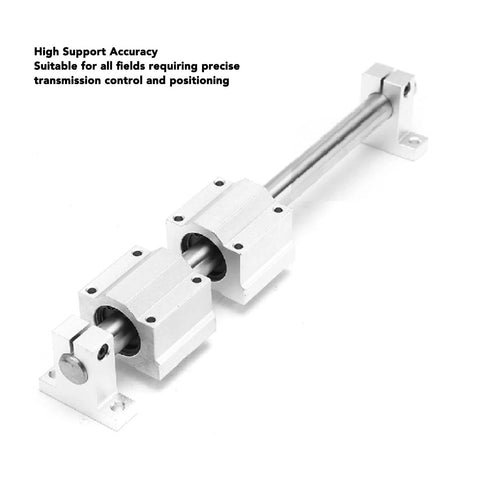 Four Pack SK6 Aluminum Linear Rail Clamping Supports for 6mm Shafts high precision guide rails setup viewed with a shaft installed.