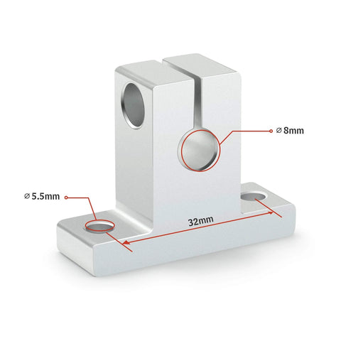 Close-up of 4PCS SK8 Aluminum Linear Shaft Rail Supports for 8mm 0.31in Rods, showing 5.5mm mount holes and dimensions.