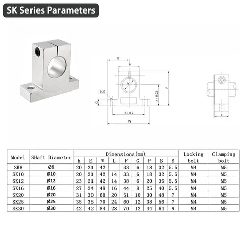 Diagram and specifications for 4PCS SK8 Aluminum Linear Shaft Rail Supports for 8mm 0.31in Rods.