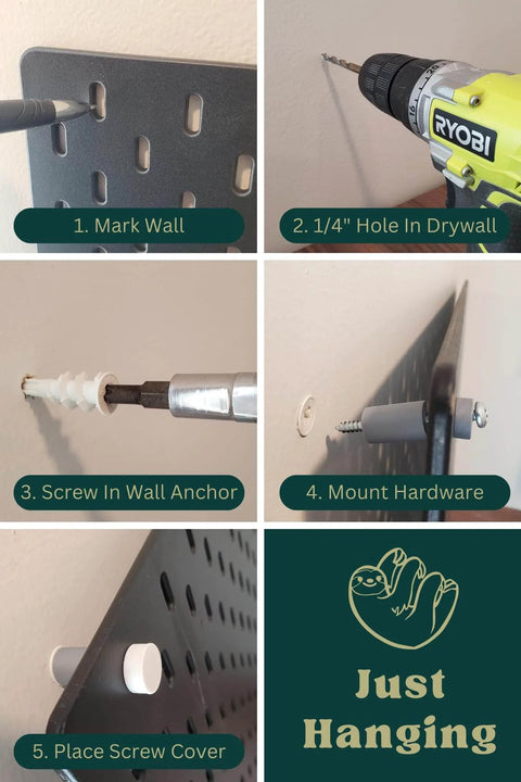 Installation steps for Secure Mounting Hardware Kit For SKÅDIS Pegboard System Matte White, including marking wall to placing screw cover.