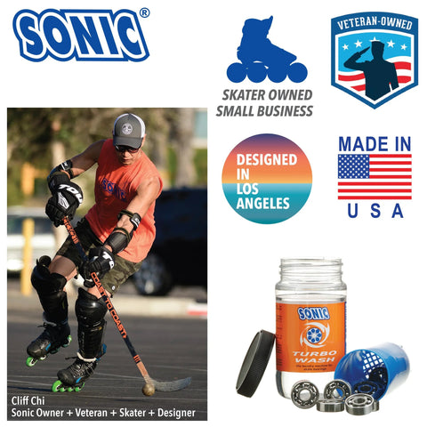 Complete Pro Grade Skate Bearing Cleaning Kit With 8 Oz Citrus Cleaner features, with inline skater and branding illustrations.